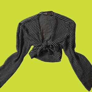 90s french vintage polka dot sheer knot top with bell sleeves, can be wrapped